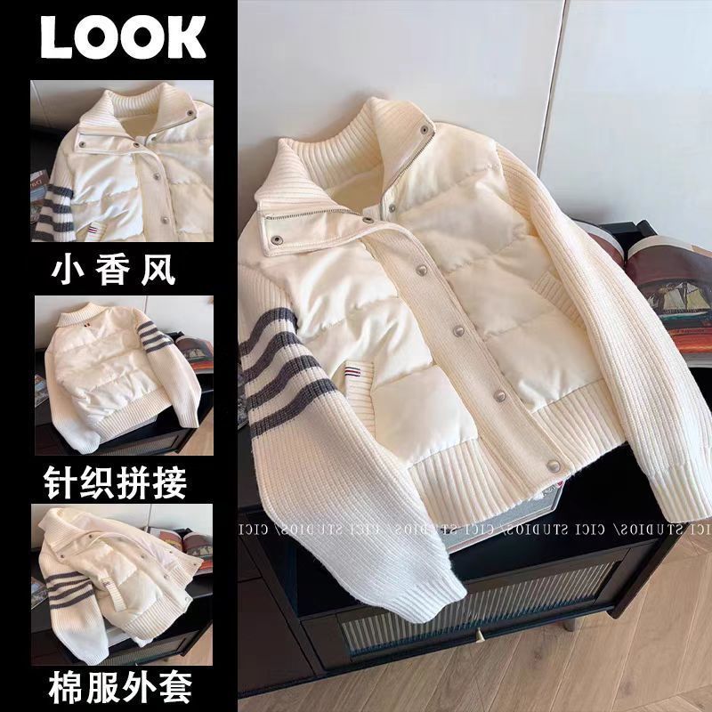 2025秋秋冬设计拼接针织立领轻薄夹棉外套女上衣时尚保暖棉衣棉服