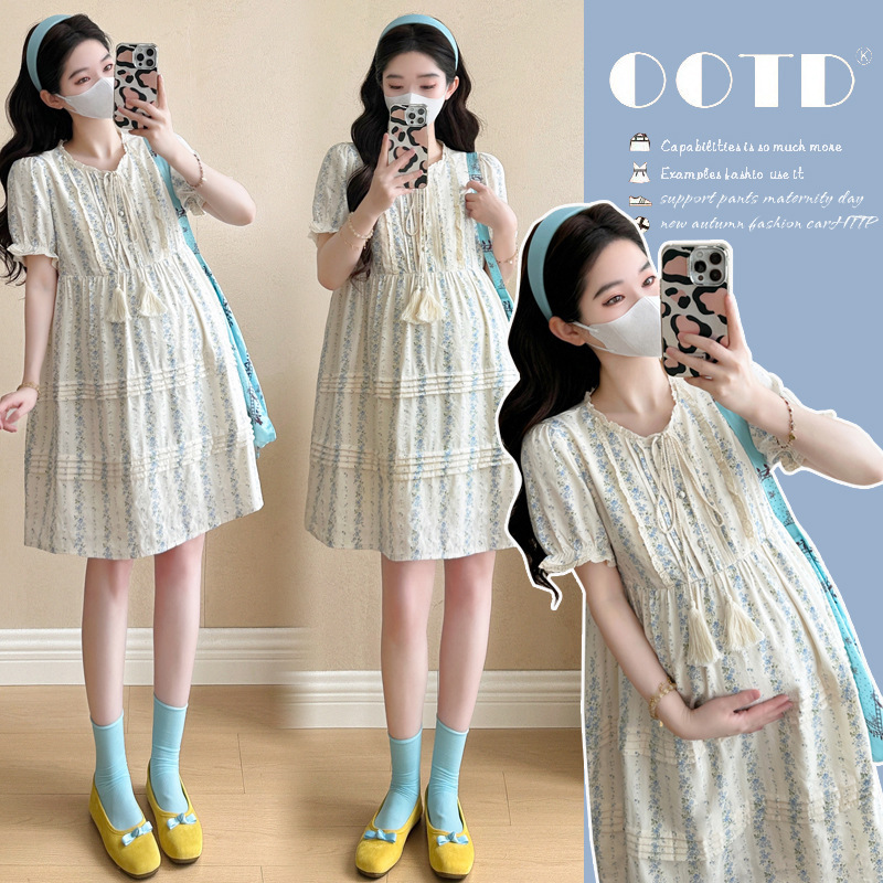 Maternity Jacquard High-End Floral Summer Dress for Pregnant Women, Stylish Pleated Loose A-Line Short Dress for Women Maternity Jacquard High-End Floral Summer Dress for Pregnant Women, Stylish Pleated Loose A-Line Short Dress for Women