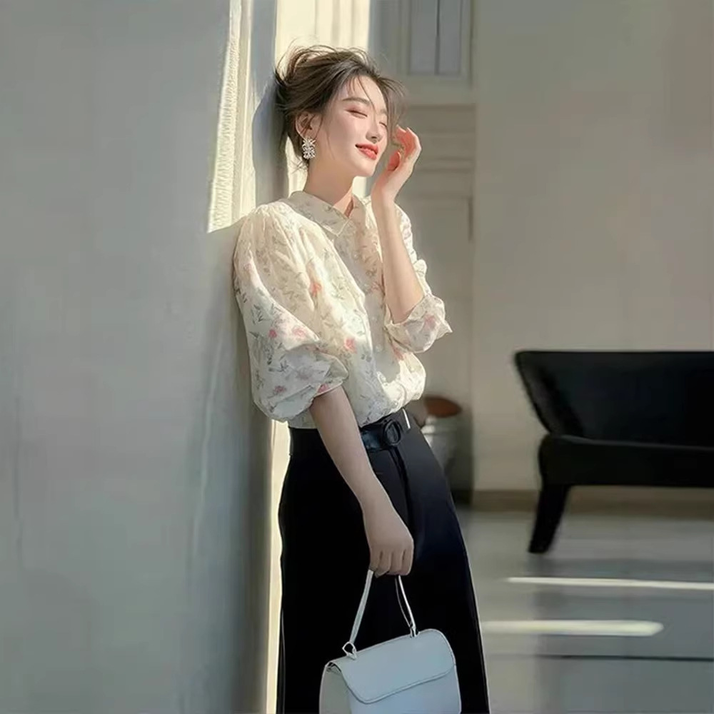 Áo sơ mi nữ cổ Polo họa tiết hoa nhí kiểu Pháp — Hoa hạnh nhân chi tiết 2