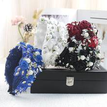 支持OEM定制头饰 重工蕾丝宽边发箍珍珠发卡复古手工钉花高颅头箍