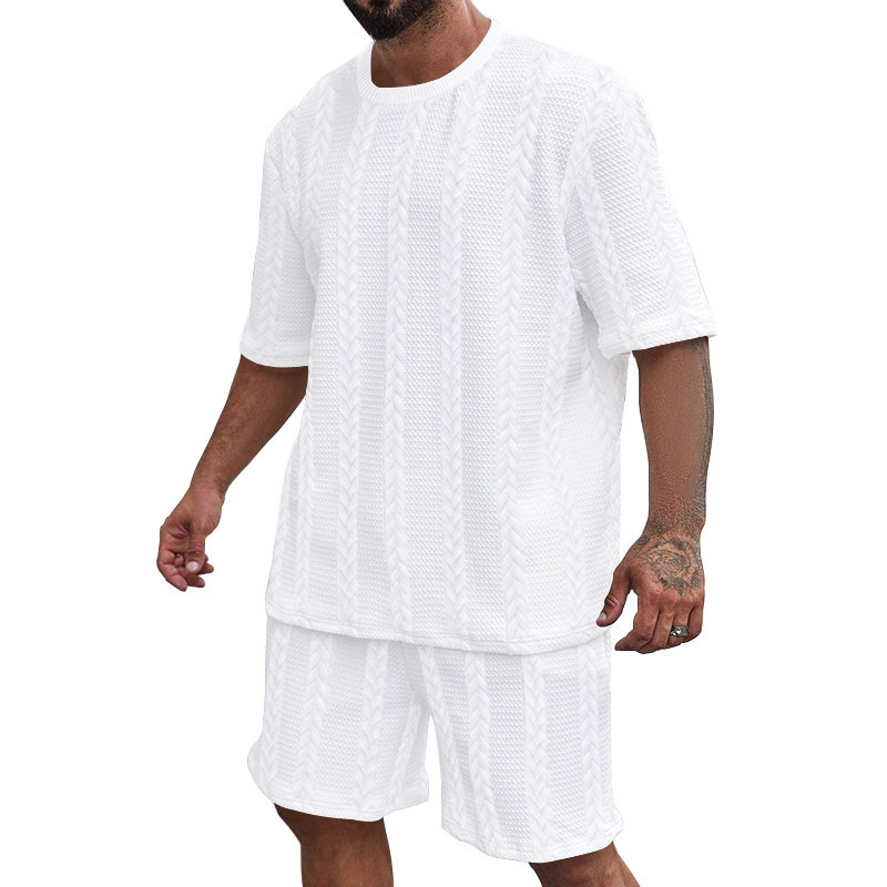 Men's Jacquard Knit Short Sleeve Tee And Shorts Set Solid Color Casual Summer Sport Outfit_viptrois.com