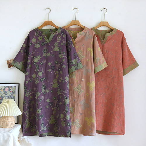 Short-sleeved V-neck skirt retro double-sided dyed woven girl summer national style dyed woven skirt mid-length home skirt 100% cotton can be worn outside