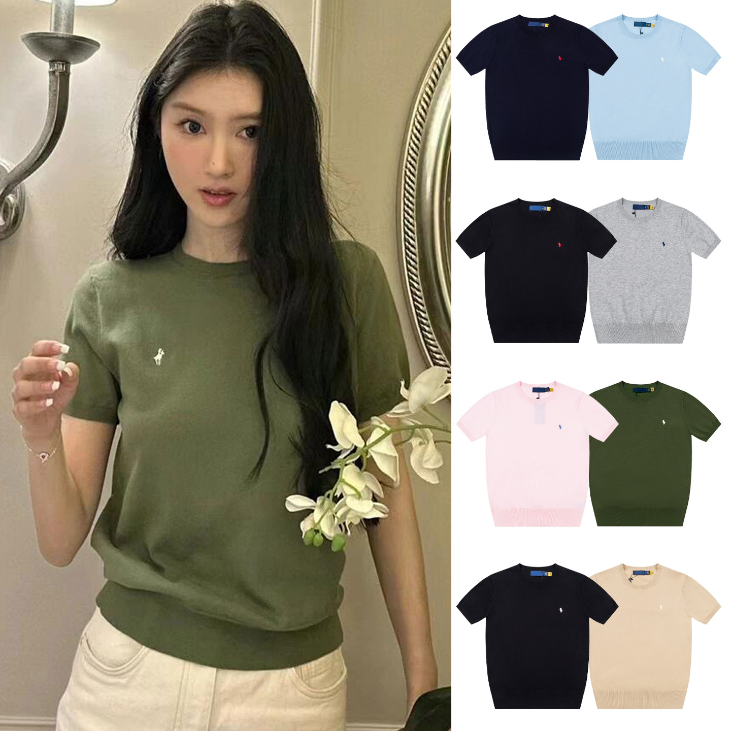 可扫码/高品质 26新款针织短袖小马标刺绣小麻花宽松女款T恤