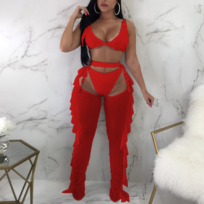 2024 nuevo producto transfronterizo Amazon ropa de mujer europea y americana malla sexy cuentas de malla oreja de madera traje ajustado tiktok