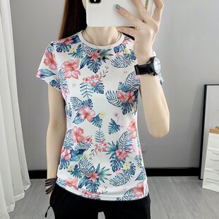 T2104 Outdoor Round Neck Quick-drying Clothes Printed Short-sleeved T-shirt Women's Spring and Summer Sweat-wicking Breathable Running Large Size Women's Top