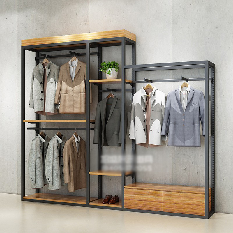 Marca de los hombres estante de piso de pie gabinete de exhibición de combinación centro comercial estante de ropa creativa tienda de ropa soporte de exhibición