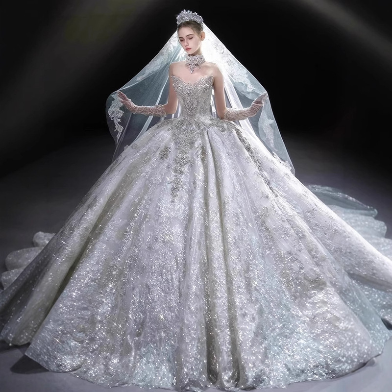 French-Style Strapless Wedding Dress 2025 New High-End Textured Heavy Sequin Luxurious Bridal Gown with Long Train