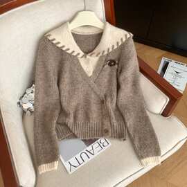十三行秋冬季新品复古显瘦拼接针织假两件女外穿气质减龄海军领毛