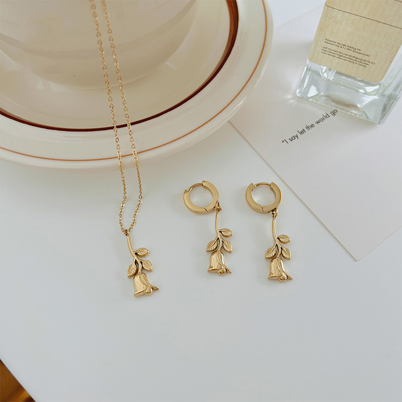 Fashion Rose Flower Pendant Stainless Steel Necklace Earrings_colorza_1