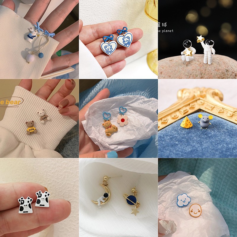 cute sweet rabbit asymmetric earrings blue bow stud earrings female ins2024 new japanese and korean fashion earrings