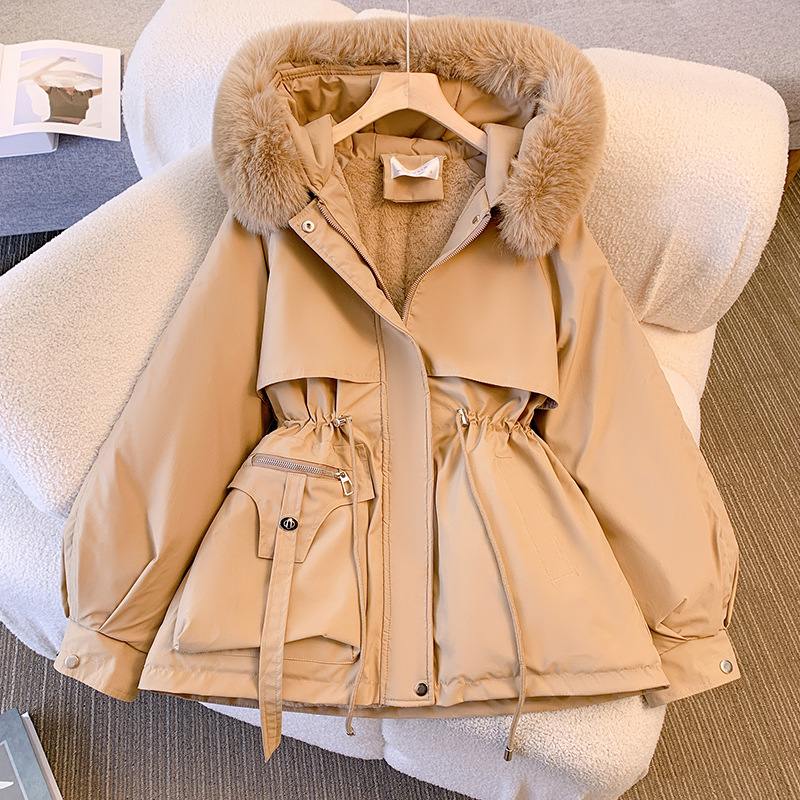 Forrado de lana gruesa Chaqueta de algodón acolchado de las mujeres de invierno cintura apretada cuello de piel grande ropa de trabajo chaqueta acolchada de algodón chaqueta caliente pequeña ropa de parka de estilo occidental image 7