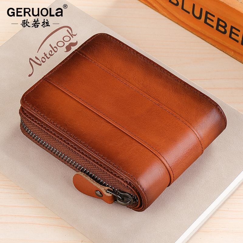 Cartera corta para hombre, piel de vaca de cuero, billetera genuina, bolso de tarjeta, bolso de tarjeta de identificación, nuevo producto transfronterizo, sentido avanzado, cremallera, dinero