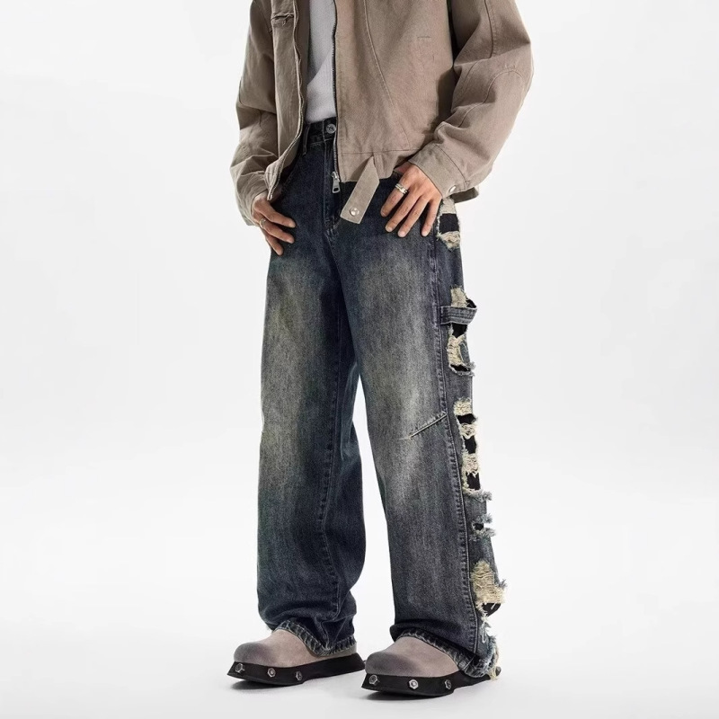 2025 men's autumn new washed side big hole wide leg ruffian slim look old look full of jeans wholesale 2025 men's autumn new washed side big hole wide leg ruffian slim look old look full of jeans wholesale