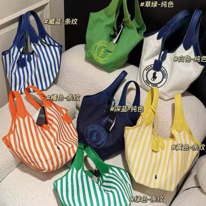 polo2026 large-capacity patchwork canvas tote bag, shoulder bag with letter print and two-tone striped design