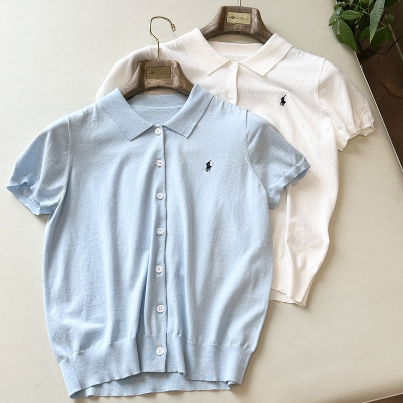 RL Raff Women's Polo Shirt Cotton Slim-fit Basic Short-sleeve All-match Pony Embroidered Lapel Knitted Cardigan Top