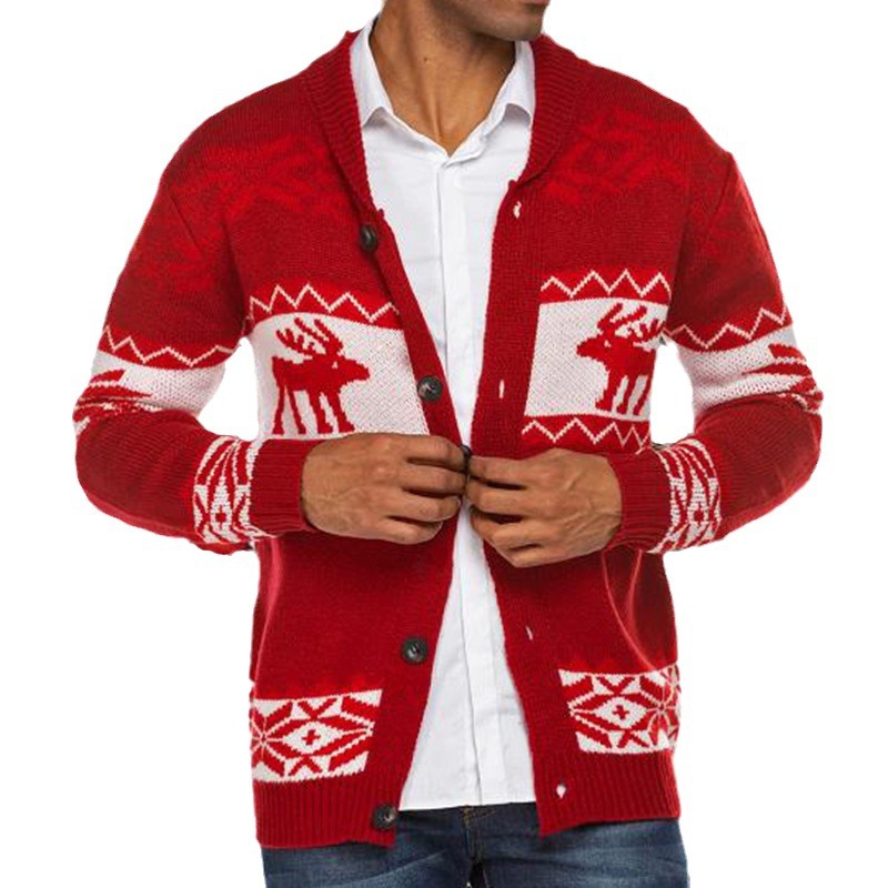 Herbst Winter Herren Weihnachten Jacquard Strickwaren Knopf Strickjacke Pullover Jacke_voghion.com