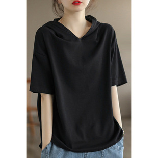 100% Cotton 2025 Short-Sleeved Hooded Sweatshirt Women's Bottoming Shirt Summer Thin Black Hooded Pure Color T-Shirt Top