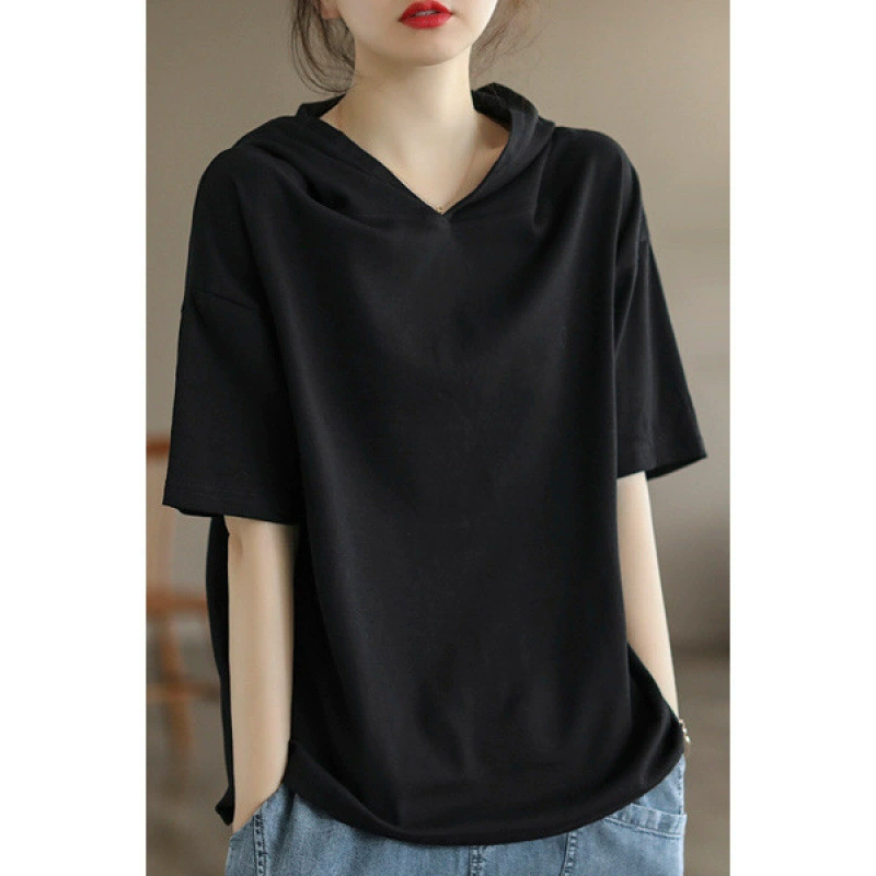 Женская летняя тонкая черная хлопковая толстовка с капюшоном, 100% хлопок, 2025, короткий рукав, однотонная футболка