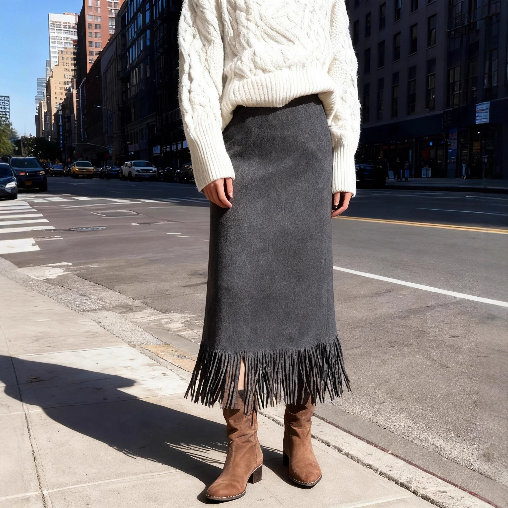 2025女士秋冬时尚优雅的流苏长款麂皮绒半身裙，舒适修身H型长裙