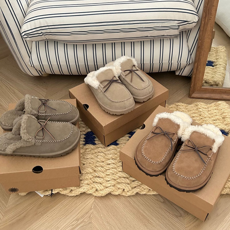 Dongguan High-Quality Winter New Wool Slippers for Women with Bow, Comfortable Slippers for Outer Wear, Slip-On Slip-Ons, Snow Boots