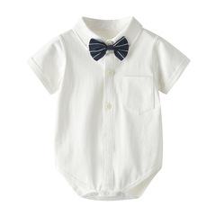 寶寶紳士包屁衣夏季短袖嬰兒領結襯衫三角哈衣百天周歲爬服