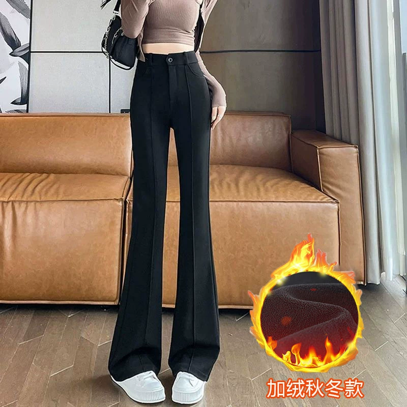 Плюшевая утолщенные черные микро-ламы женские 2024 осень и зима новые эластичные с высокой талией тонкие маленькие повседневные брюки