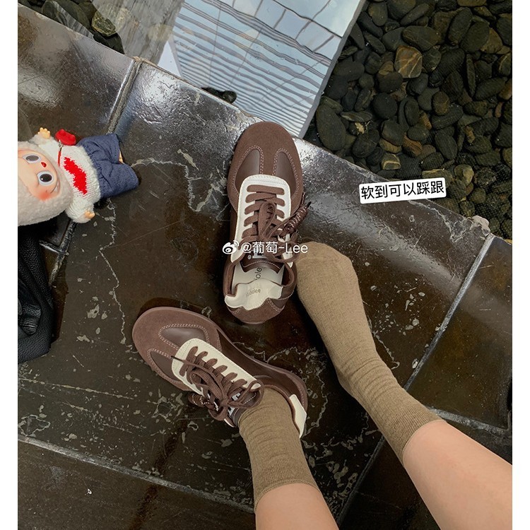 严选网红同款绳结系带拼色圆头休闲增高德训鞋时尚百搭休闲板鞋女|undefined