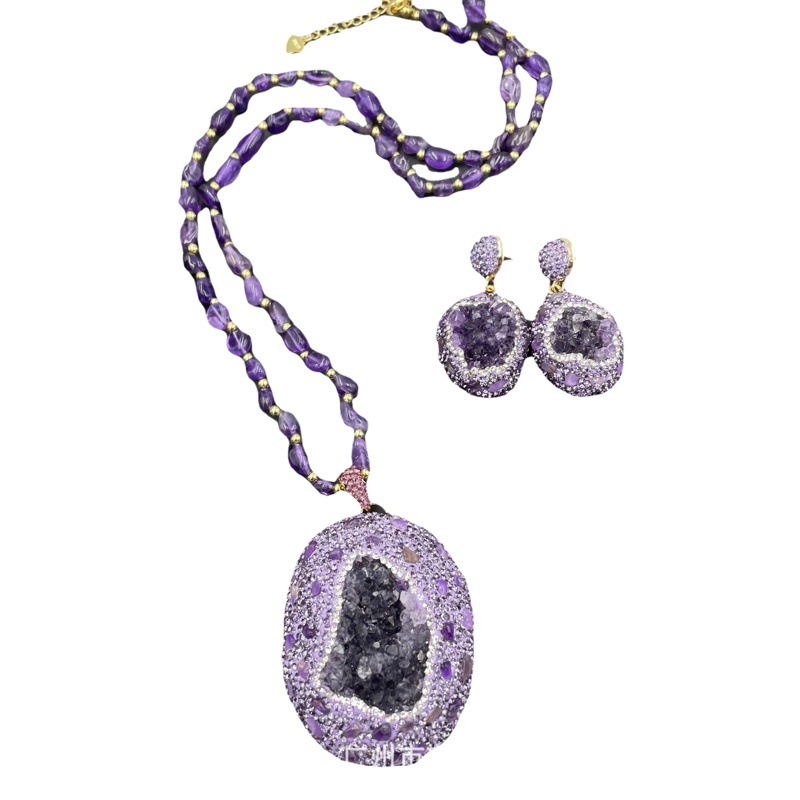 Amatista de piedra natural en bruto diamante checo conjunto de cuatro piezas estilo europeo y americano francés joyería de mineral en bruto personalizada traje hecho a mano de alta gama