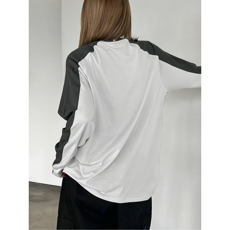 春と秋の新型の色のつなぎ合わせは簡単で、カジュアルな丸首に肩の袖のtシャツを挿します。|undefined