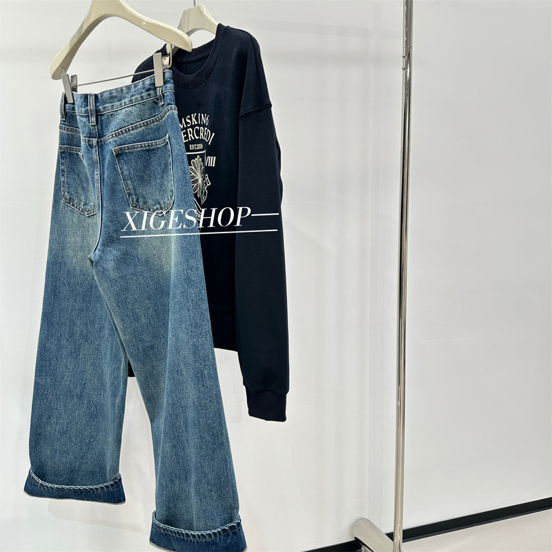 复古翻边牛仔裤女2025秋冬新款高腰显瘦百搭直筒裤子宽松阔腿长裤|undefined
