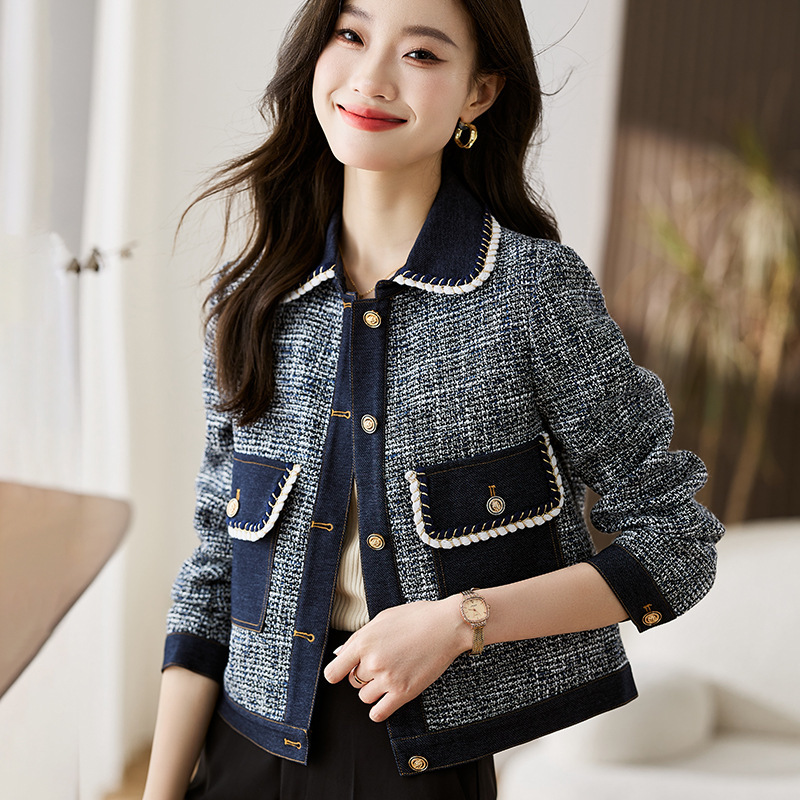 Tweed Style Spliced ​​Denim Short Jacket for Women 2025 Spring & Fall Lapel Design High-End Elegant Slim Jacket Top
