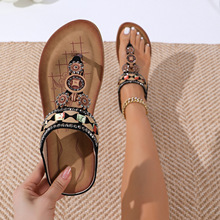 欧美跨境波西米亚风女鞋夏季时尚沙滩平底拖鞋串珠复古夹脚鞋批发