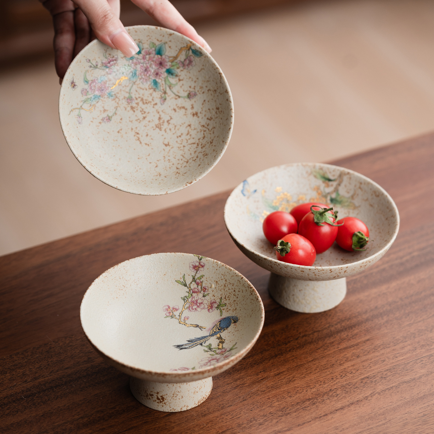 Flint Red Ceramic Tall Fruit Plate Fruit Plate Chinese Flower and…