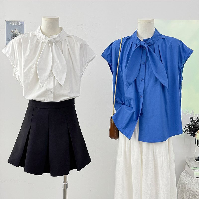 Korean-Style Design Solid Color Collarless Sleeveless Shirt for Women, Summer 2026 Fashion Casual Loose Single-Breasted Top