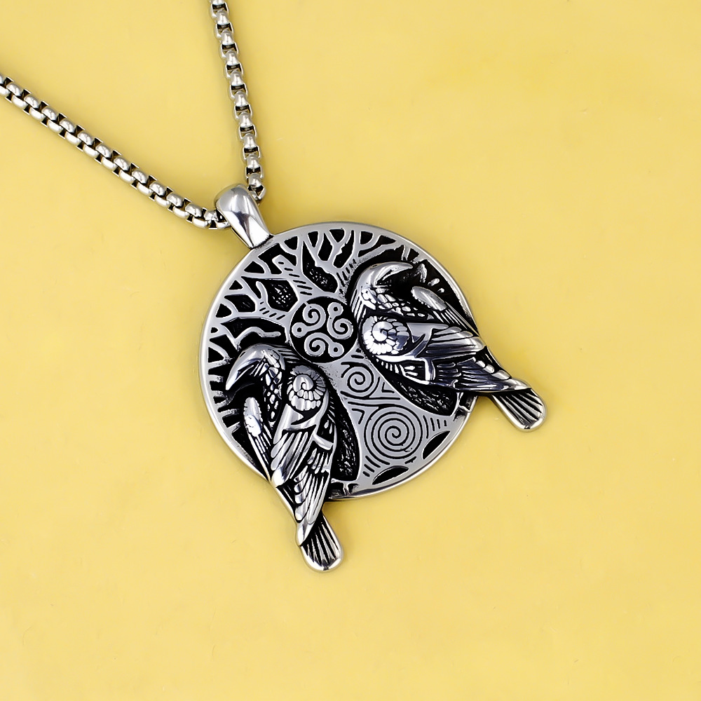 Pendentif Viking Arbre De Vie Double Oiseau En Acier Inoxydable_voghion.com
