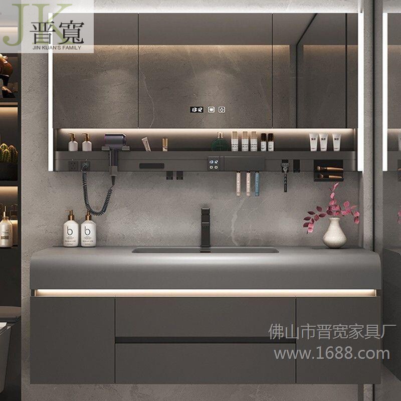 Simple and Smart Bathroom Vanity Cabinet with Integrated Corian Skin-Touch Basin, Anti-Fog Lighting, and Storage Simple and Smart Bathroom Vanity Cabinet with Integrated Corian Skin-Touch Basin, Anti-Fog Lighting, and Storage