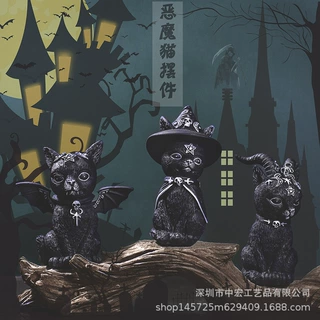 跨境西方暗黑风恶魔猫万圣节神坛守护者魔法猫创意树脂摆件黑猫