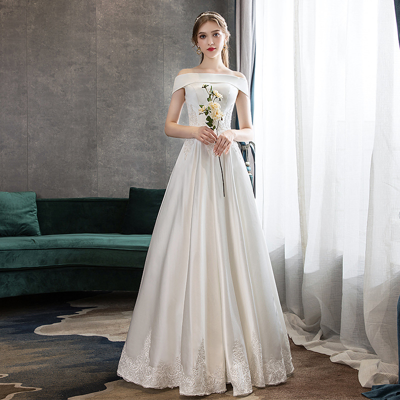 One-Shoulder Satin Light Wedding Dress 2026 New Style Bride White Simple Floor-Length Going-Out Dress Petite Travel Photography Wedding Dress