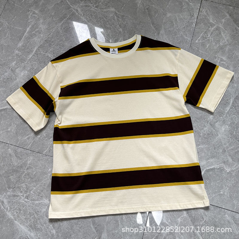 2025 新しい夏の日本のニコ半袖コントラストストライプカジュアルシンプルな年齢軽減ルーズラウンドネック Tシャツ女性用|undefined