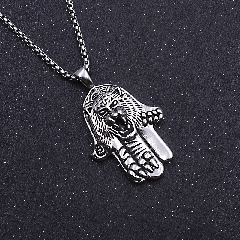 Collier de perles en titane avec croix de palmier et tête de tigre, chaîne de pull minimaliste en acier inoxydable_voghion.com