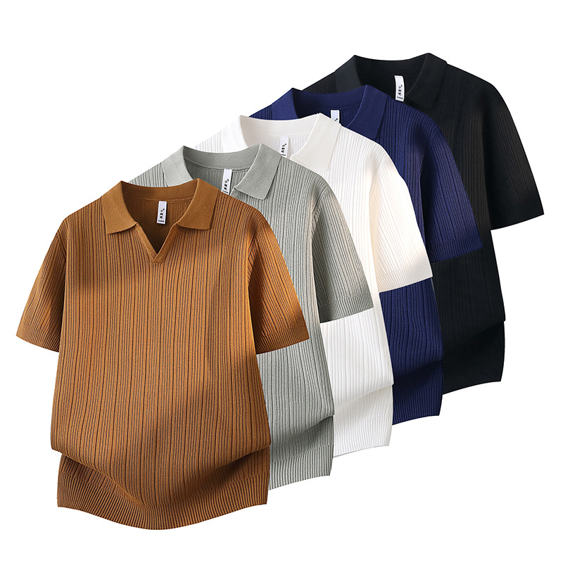 Polo camiseta de punto camiseta de manga corta hombre V-collar ventana delgada negocios camiseta de hielo de verano fábrica transfronteriza al por mayor image 3