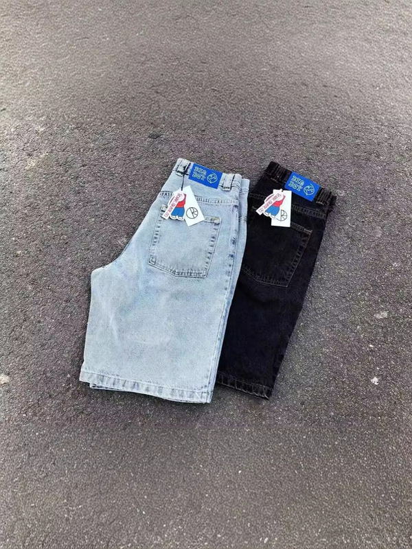 Cross-border E-commerce Street Polar Big BoY Denim Shorts Y2K Pants Hip-hop Cartoon Graphic Embroider Retro Blue