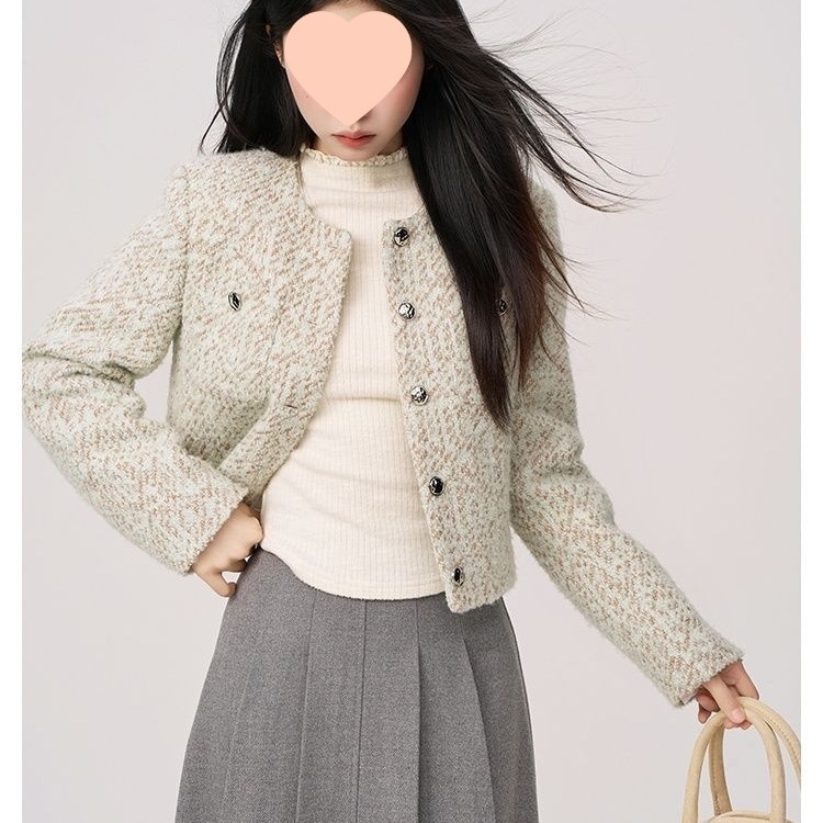 小香风短外套女秋季新款高级感韩系气质时尚粗花呢上衣水绿色氨纶|undefined