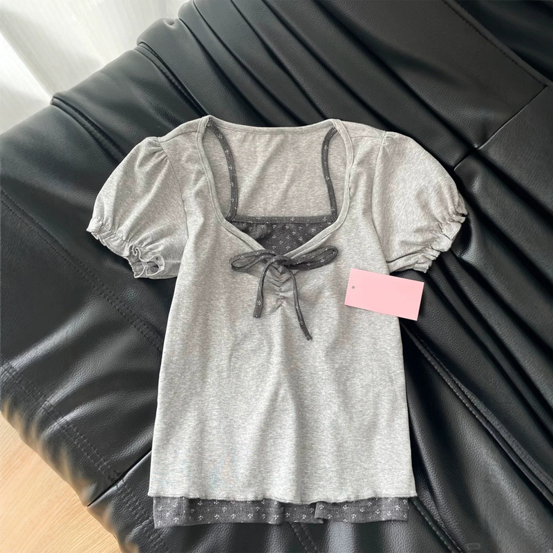Korean Style Fake Two-Piece Gray Puff Sleeve Short-Sleeve T-Shirt for Women, 2026 Summer New Design, Slim-Fit Top