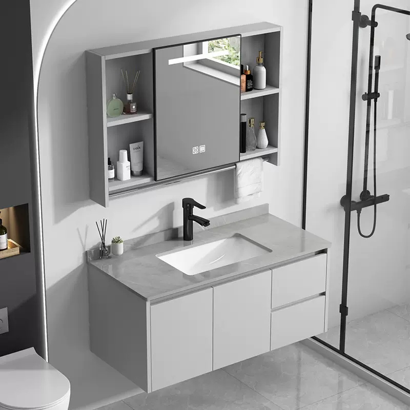 浅灰色太空铝浴室柜组合陶瓷一体盆洗漱台防水防潮主卧卫生间智能