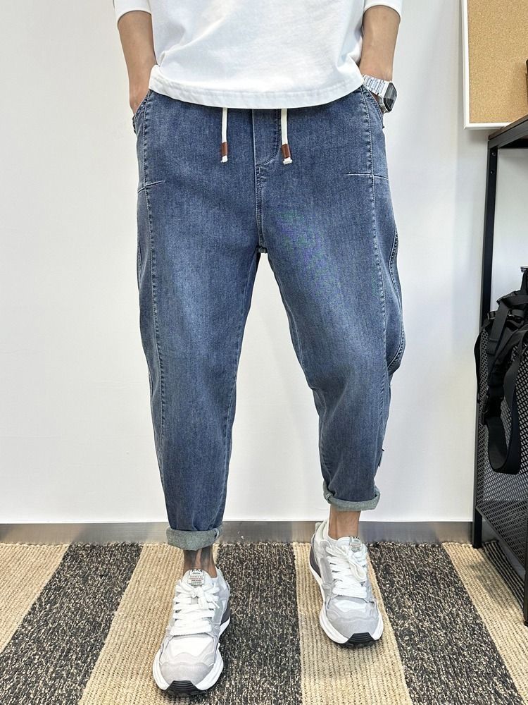 Jeans men's winter plush thick Harlan with drawstring and elastic waistband, versatile carrot casual pants_voghion.com