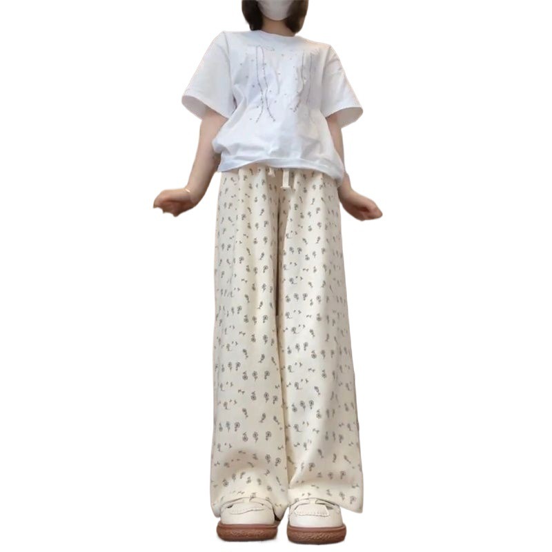 碎花垂感运动裤女夏季薄款2025新款阔腿高腰宽松百搭直筒休闲长裤|undefined