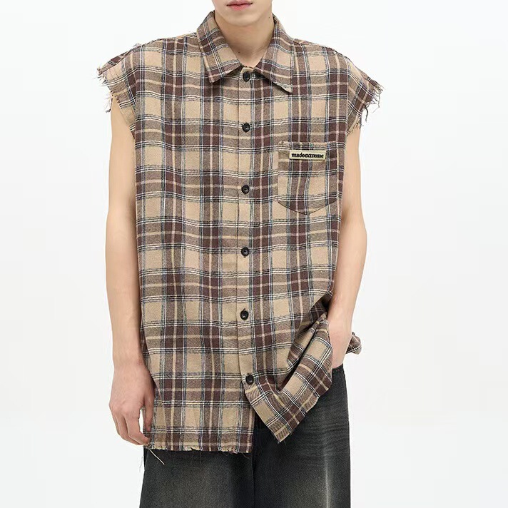 Cross-border plus size Men's Loose Plaid Vest Sleeveless Pocket Shirt Men's Figure-out Fitness Sports Top for Men