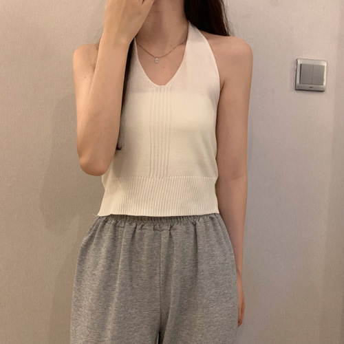 Hot girl halterneck lace-up camisole  new summer foreign trade off-shoulder pure lust wind ice silk knitted sleeveless top