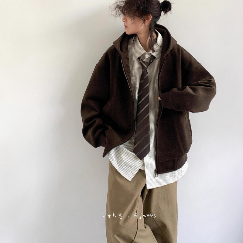 Japanese Retro Solid Color Woolen Hooded Sweatshirt for Men and Women, Autumn and Winter Lazy Style Loose Casual Zip-Up Cardigan Jacket